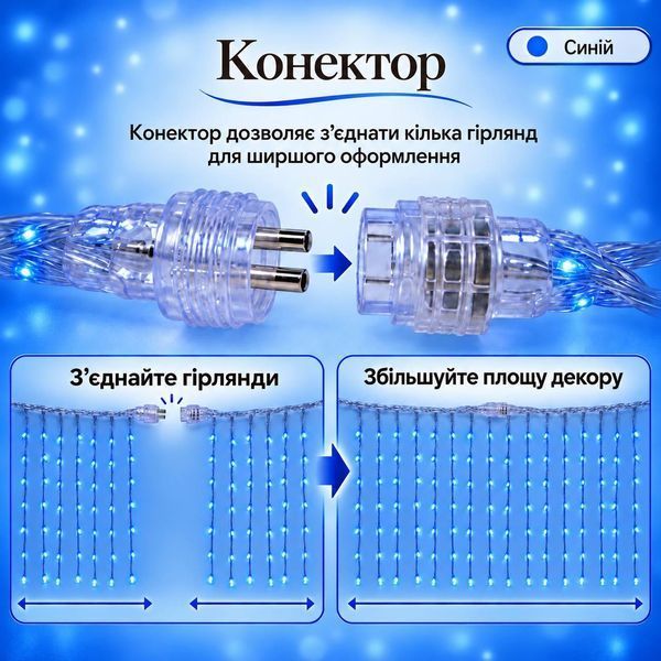 Гірлянда Водоспад 3&times;2 м 320 LED, синя, 10 ниток, прозорий провід, 8 режимів, конектор SHV-3x2М-B фото