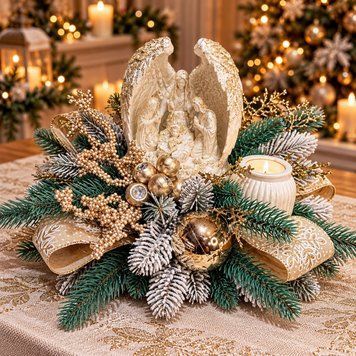 Різдвяна композиція-підсвічник &laquo;Різдвяний ангел&raquo; золота з вертепом, засніженою хвоєю та новорічними кулями ф4 фото