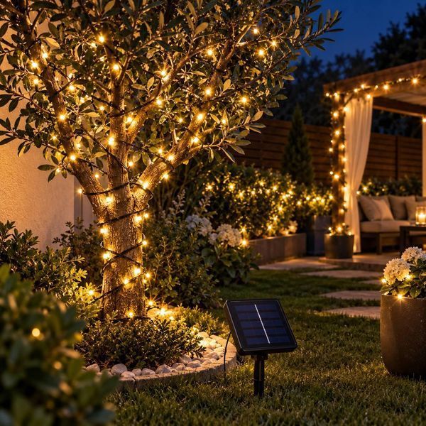 Гірлянда на сонячній панелі 10 м, 100 LED, теплий білий, чорний провід, 2 режими LED100-SP-Y фото