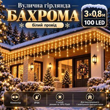 Вулична гірлянда &laquo;Бахрома&raquo; 3&times;0,8 м, теплий білий, 10% Flash, водостійка, з конектором, 100 LED Bs3x0.8-Y фото