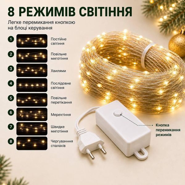 Гірлянда Роса 20 м 200 LED теплий білий, білий провід, 8 режимів, від розетки RW-20M-Y фото